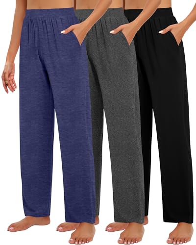 Huukeay 3 Pack Women's Lounge Pants, Cozy Wide Leg Lounge Slacks with Pockets Loose Flowy Yoga Sweatpant Workout Comfy Jogger(Black, Dark Gray, Dark Blue,X-Large)