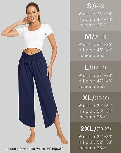 Image of TARSE Women's Wide Leg Yoga Pants Cross High Waist Flowy Split with Pockets | Comfy Lightweight Stretch, Flare Hem Cropped, Loose Dance Pants, Travel & Lounge, Everyday Casual Wear