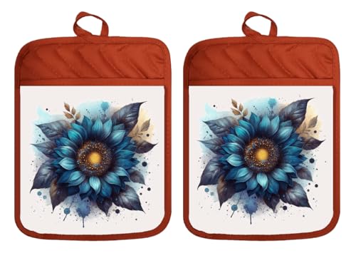 Set of 2 Pot Holders Oven Mitts Hot Pads 100% Cotton Flower Blue Midnight Blaze Sunflower Fall Farmhouse Gift Country Kitchen DZ432DPH (Orange)