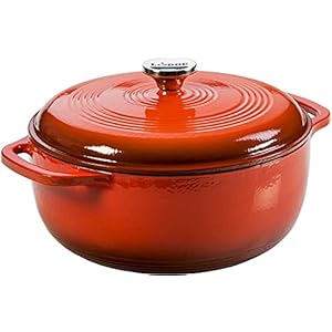 Lodge 7.5 Quart Enameled Cast Iron Dutch Oven with Lid – Dual Handles – Oven Safe up to 500° F or on Stovetop – Use to Marinate, Cook, Bake, Refrigerate and Serve – Poppy
