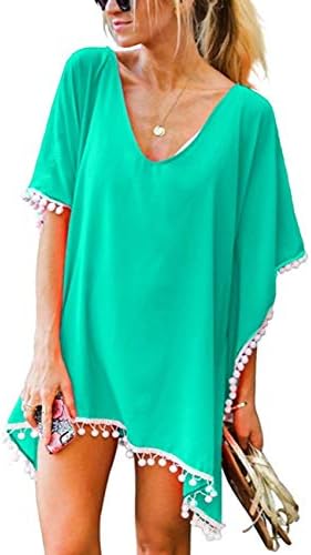 LOMON Swim Cover Up for Women Pom Chiffon Trendy Beach Coverup Dress (Solid Green)