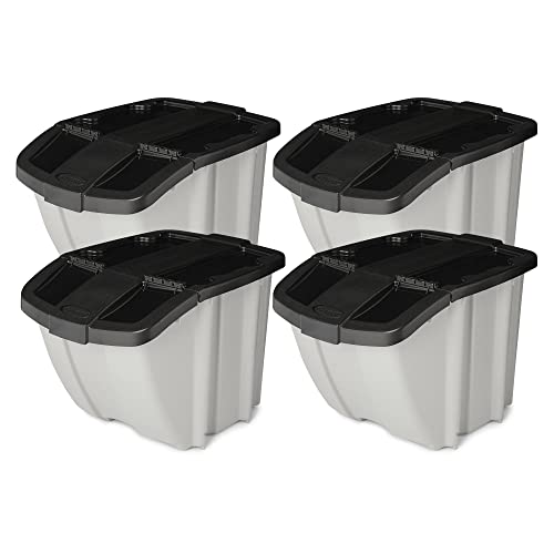 Suncast 18 Gallon Indoor or Outdoor Stackable Waterproof Recycling Lidded Storage Container Bin with Front Flap, Gray (4 Pack)