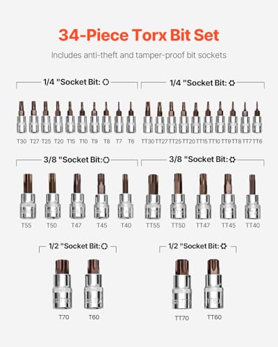 Image of VEVOR Torx Bit Socket Set, 34-Piece Solid Star and Tamper Proof T6-T70, S2 Alloy Steel and Cr-V Steel, 1 /4 in, 3 /8 in, and 1 /2 in Drives, with Enhanced Storage Case, Torx Sockets for Hand Use