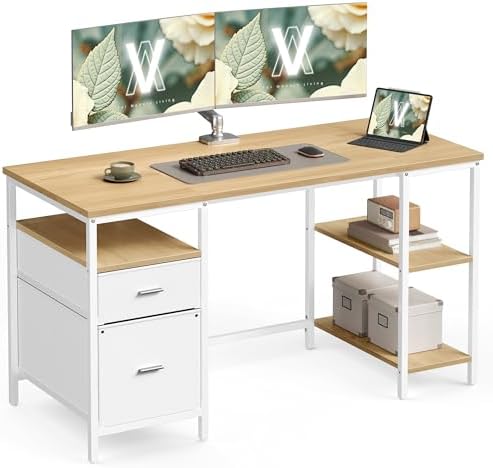 VASAGLE Bureau d’Ordinateur, Table avec Rangement, 3 Étagères, 2 Tiroirs, 140 x 60 x 76 cm, pour Bureau, Salon, Style Moderne, Couleur Chêne Naturel et Blanc Perle LWD104Y01