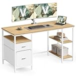 VASAGLE Computer Desk, Work Desk with Storage, 3 Shelves, 2 Drawers, 60 x 140 x 76 cm, for Home Office, Living Room, Modern Style, Natural Oak and Pearl White LWD104Y01