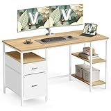 VASAGLE Bureau d’Ordinateur, Table avec Rangement, 3 Étagères, 2 Tiroirs, 140 x 60 x 76 cm, pour Bureau, Salon, Style Moderne, Couleur Chêne Naturel et Blanc Perle LWD104Y01