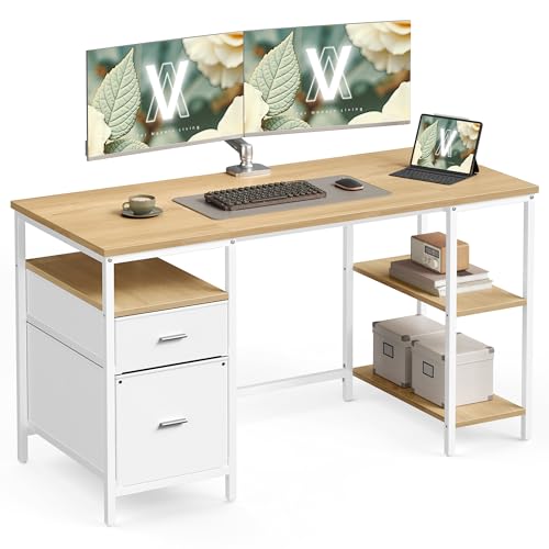 VASAGLE Computer Desk, Work Desk with Storage, 3 Shelves, 2 Drawers, 60 x 140 x 76 cm, for Home Office, Living Room, Modern Style, Natural Oak and Pearl White LWD104Y01