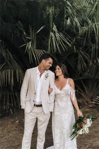 Mens Linen Suit 2 Piece Slim Fit Linen Suit for Men Summer Beach Wedding Suits Jacket Pants Set4