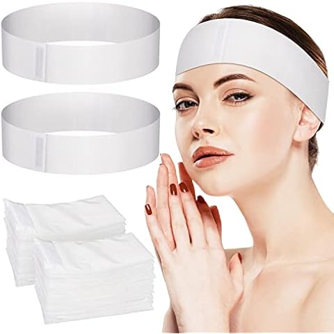 Noverlife 100PCS Disposable Spa Facial Headbands, Elastic Headband Wrap with Adjustable Magic Tape, Stretch Non-Woven Facial Bandeau, Soft Skin Care Essential Headband with Convenient Closure Cover