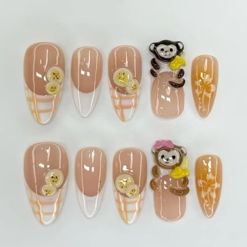 Handmade Monkey and Banana Press On Nail Art Set with Cute 3D Cartoon Designs