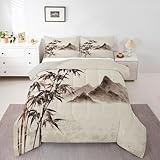 Erosebridal Exotic Oriental Bedding Set Queen Japanese-Style Comforter Set, Mount Fuji Duvet Insert Ink Painting Quilt Sets, Botanical Plants Bamboo Bedding Comforters & Sets Vintage Room Decor 3pcs