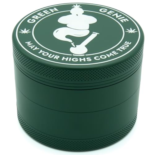 Green Genie - Premium Keramik Grinder - Dunkelgrün - 63mm groß - Keramik beschichtet - inkl. Glasmundstück Pinsel. Pollenschaber und hochwertiger Tragetasche