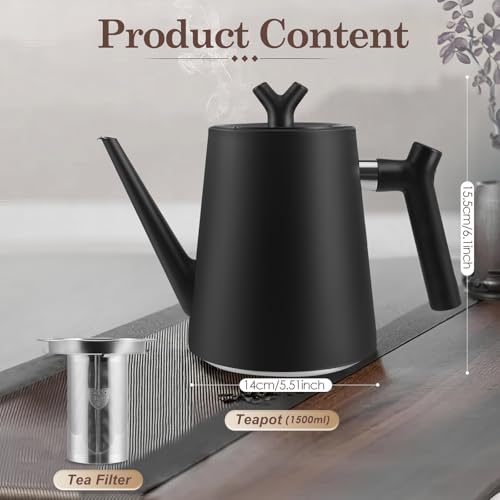 Thermo Teekanne mit Siebeinsatz 1,5 liter -Edelstahl Teekanne Doppelwandig Schwarz - Mit Filter für Tee & Kaffee - Tee Kanne 100% Tropffrei - Für alle Herdarten - Isolierkanne Tee Modern Design