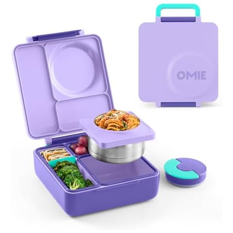 Omie OmieBox Insulated Bento Lunch Box with Leak Proof Thermos Food Jar-3 Compartments, Two Temperature Zones, One Size, (Purple Plum) Cover