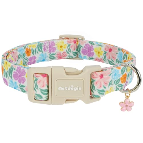 Astdogio Cotton Dog Collar with Colorful Flowers for Spring Summer, Adjustable Puppy Dog Collars for Small Medium Large Dogs, Cute Girl Boy Dog Collar Ideal for Gifts,Pet Accessory,XS