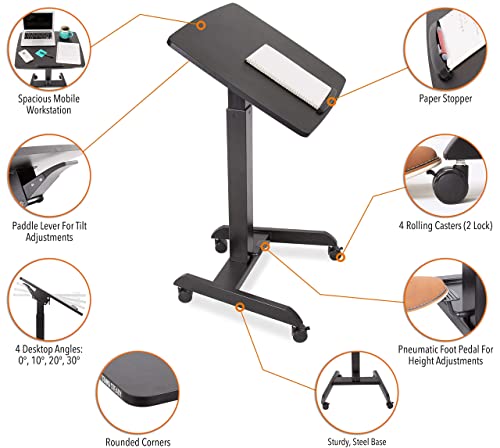 Stand Steady Multifunctional Mobile Podium Desk | Portable Sit to Stand Lectern with Pneumatic Height Adjustment & Tilting Desktop | Rolling Laptop Stand | Mobile Desk for School, Home, Office (Black) - Thumbnail 4