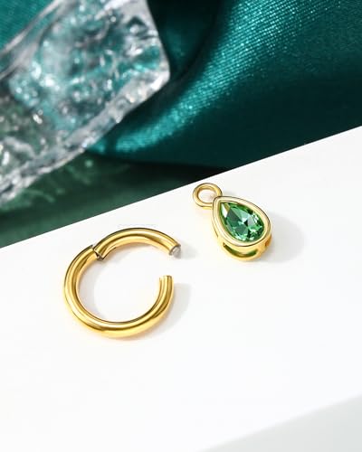 كوتشارم اقراط سرة البطن 14 غرام مطلية بالذهب للنساء 8 ملم بلون اخضر متدلي من الزركونيا المكعب، مجوهرات ثقب السرة من الستانلس ستيل