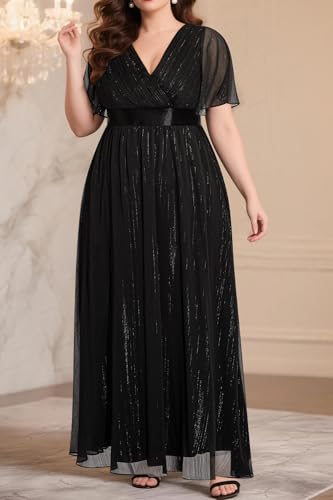 Plus Size Formal Dress - Chiffon V Neck Bridesmaid Wedding Guest Party Short Sleeve A-Line Floor Length Dresses3