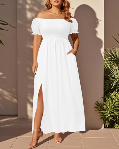 Plus Size Summer Dresses - Boho Casual Off Shoulder Floral Long Maxi Dress with Pockets3