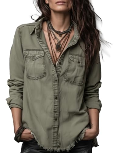 Womens Vintage Pocket Long Sleeve Blouse Washed Fabric Relaxed Fit