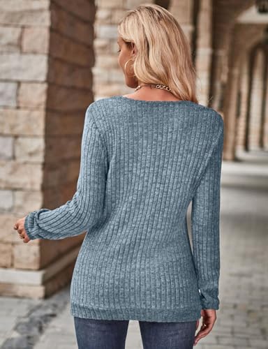 Gemulate Autumn Winter Clothes Women,Long Sleeve Solid Color Knit Sweater Ladies Sweatshirt Tops Casual V Neck Jumpers Female Light Blue-G XL - Image 3