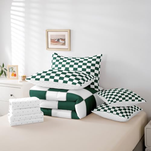 Image of Erosebridal Aesthetic Checkered Twin Bed in A Bag 7 Piece White Green Checkerboard Bedding Set,Buffalo Plaid Grid Comforter Set with Sheets for Kids Teen Adults Geometric Gingham Bed Set