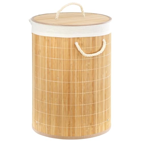 GEEZY Bamboo Laundry Basket with Lid Foldable Washing Hamper Bin with Removable Liner Bedroom Bathroom Dirty Clothes Storage Basket with Handles Round Natural