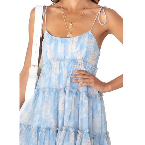 Image of kinstell Women's Boho Spaghetti Strap Ruffle Square Neck Bowknot Backless Sleeveless Elegant Flowy Mini Short Skater Dresses