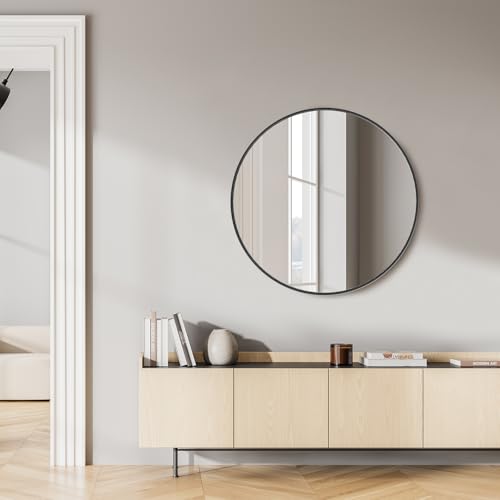 Image of Sweetcrispy 30 Inch Round Wall Mirror with Tempered Glass, Bathroom Mirror Over Sink, Anti-Fog & Waterproof Round Mirrors for Bathroom, Entryway, Bedroom, Shatterproof Design, Black