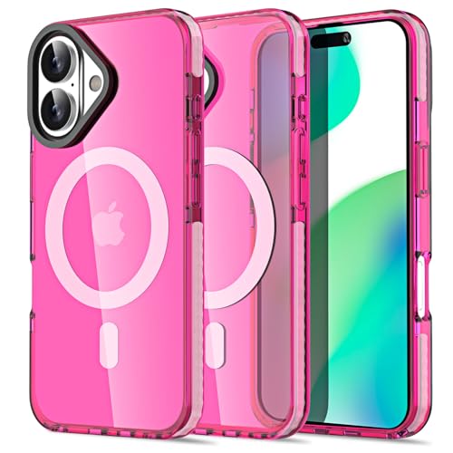 AICase Neon Hot Pink Clear Phone Case for iPhone 16 Compatible with MagSafe, Trendy Women Girly Aesthetic Magnetic Preppy Colorful Colored Cute Mag Safe Magnet Bright Protective Cover