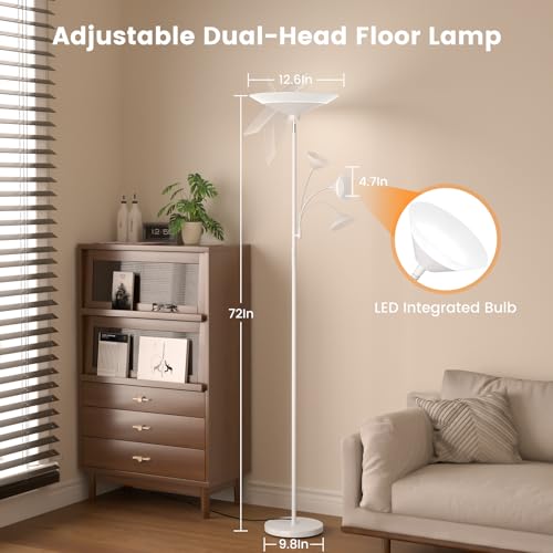 Image of SIBRILLE Upgraded 2-Light Torchiere Floor Lamp - 34W Color Changing Standing Lamp with Remote, Rotatable Floor Reading Light, Modern Standing Light with for Living Room Bedroom Office, White