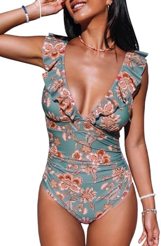 CUPSHE Women One Piece Swimsuit Ruffled Lace Up Beach Swimwear Tummy Control Swimming Costume Bathing Suit