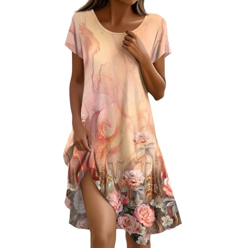 Tunika-Kleid Frauen Schule Kleid Polyester Swing Mit Taschen Lauschig Frühlings Kleid Frauen Lässige Kurzarm Stretch Crewneck mit Print Orange