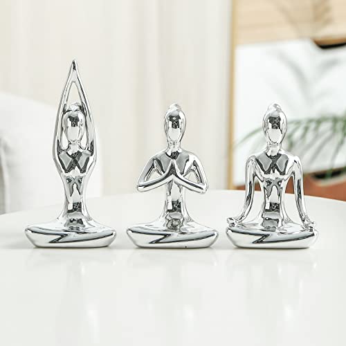OwMell Meditation Yoga Statue Dekor, Keramik Yoga Figuren für Heimdekoration, Zen Yoga Geschenk Raumdekor Plating Silber 3er Set Cover