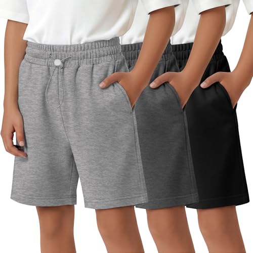 Joymotion 3 Pack Boy'S Shorts Kids Athletic Knee Length Short Summer Baggy Sports Loose Casual Pull On Sweatshorts 5-14 Years(11-12 Years,Black, Light Heather Gray, Dark Heather Gray)