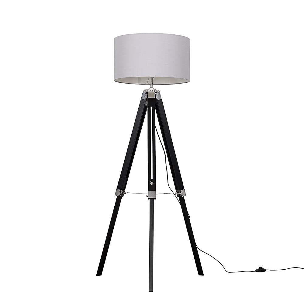 Black Wood & Chrome Floor Lamp - XL Cool Grey Reni Shade - ValueLights
