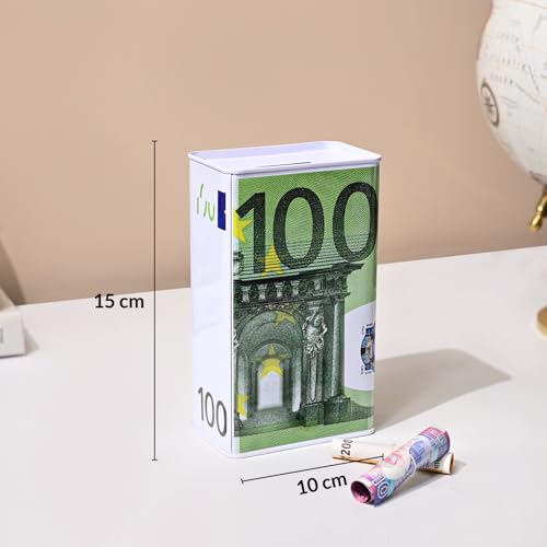 Image of Market99 Rectangular Money Bank | Green Tin Coin Bank with 100 Euro Note Print & Glossy Finish | Decorative Piggy Bank for Kids & Adults | Fun Savings Box for Home, Office Desk & Gifting Purpose