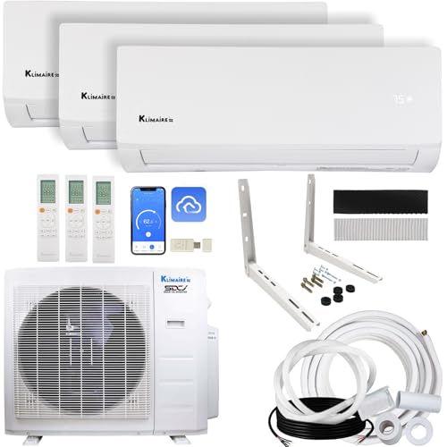 Klimaire 26,000 BTU 3-Zone 23 SEER2 Wall Mounted Mini Split Heat Pump System w/All Inclusive Installation Kits (9,000 BTU + 12,000 BTU + 12,000 BTU) - R454B