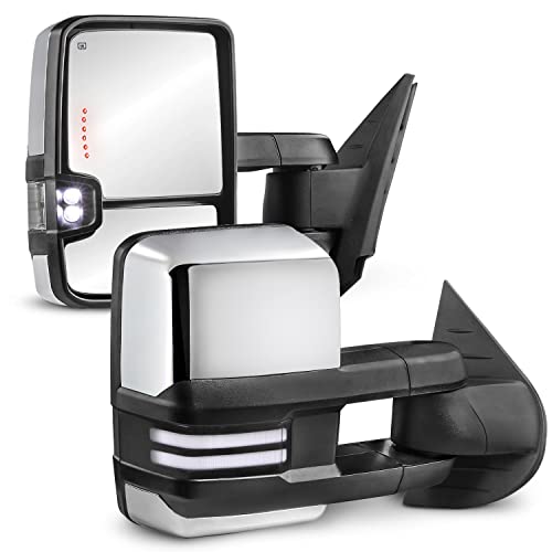 MOSTPLUS Power Heated Towing Mirrors Compatible with 2008-2013 Chevy Silverado Suburban Tahoe GMC Serria Yukon w/Sequential Turn light, Clearance Lamp, White Running Light(Set of 2)-Chrome