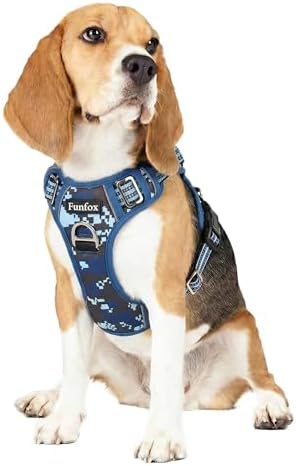 Funfox Anti Zug Hundegeschirr Mittelgroße Hunde mit Frontclip, Mosaik Blau | Vertikaler Griff, Verstellbar, 2 D-Ringe, Gepolstert, Nachts Reflektierend, für Kleine Mittlere Grosse