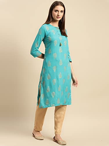 Image of rangita Turquoise Rayon Calf Length Printed Straight Kurti for Women | Kurta for Women
