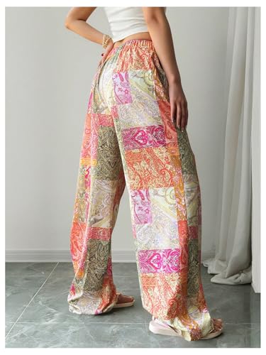GORGLITTER Women's Wide Leg Boho Patchwork Pants High Waisted Paisley Flowy Palazzo Trousers Fall Vacation Outfits2
