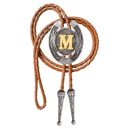 Image of Vintage Western Cowboy Monogram Initial Letter Bolo Tie for Men | Premium brown braided leather, adjustable sliding clasp, anti-tarnish alloy pendant, versatile A-Z western bolo tie