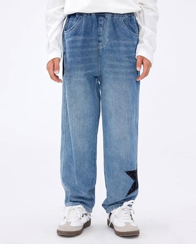HBER Boys Kids Star Jeans Elastic Waist Wide Leg Baggy Jeans Straight Leg Denim Pants for Teen Boys 5-14 Years3