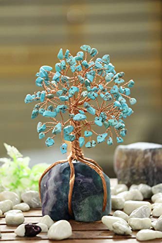 Image of Crocon Howlite Green Turquoise Gemstone Money Tree with Fluorite Rough Wire Wrapped Base | Feng Shui Bonsai | Ornament Figurine | Chakra Balancing | Reiki Crystal Healing | Spiritual | Decor Size 5-6 inch