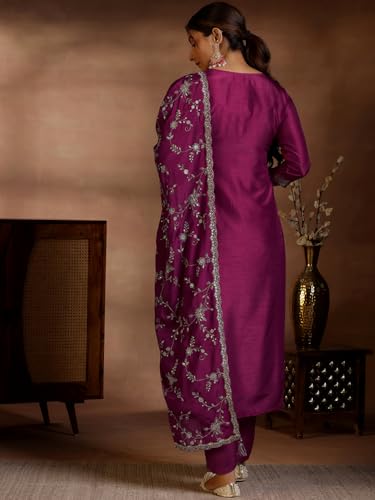 Image of Libas Womens Woven Design Silk Blend Straight Kurta With Trousers and Dupatta | daily wear suit