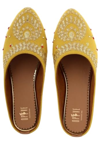 Image of OPIVE's Mehandi Women's Mojari Jutti Ethnic Punjabi Juttis Traditional Flat Embroidered Canvas Fancy Bellies Comfortable Sole for Womens & Girls