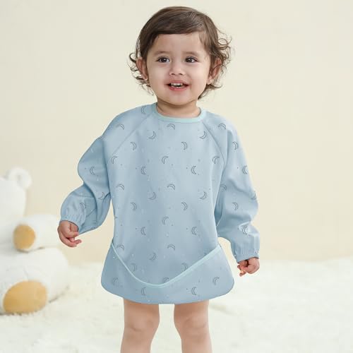 Image of Susurration Baby Long Sleeve Bib Waterproof Sleeved Bib Smock for Baby | 2 Pack Baby Reusable Feeding bibs, 6-36 Months Baby Feeding Essentials - Blue Boat