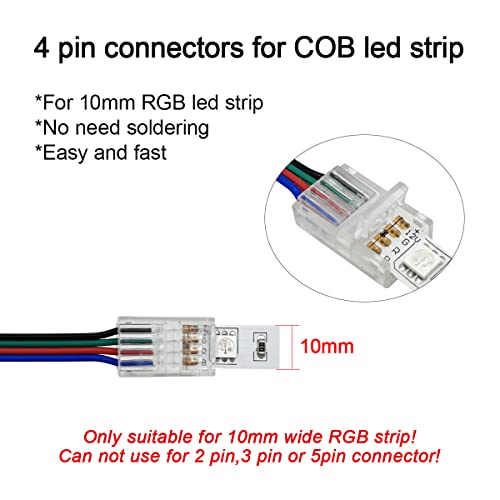 HAMRVL 12 Pack COB Led Strip Light Connectors, 4 Pin, Led Strip to Wire Solderless Transparent Track Lighting Adapter, 6M/19.68ft Led Wire Extension Cable for RGB 5050 Led Tape, 12/24V by HAMRVL - Image 4