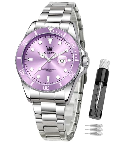 Image of OLEVS Ladies Watches Silver Stainless Steel Luxury Dress Watch, Women's Business Leisure Waterproof Luminous Analogue Quartz Wristwatch with Day Date - Womens Gift ((5885 Woman) Purple dial)